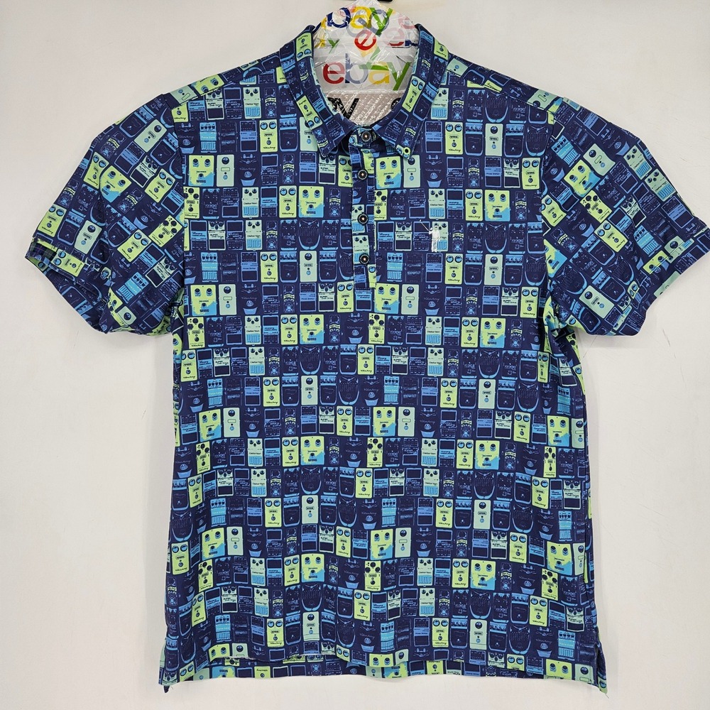 William Murray Polo Shirt Mens Large Guitar Pedals AOP Golf Casual Preppy